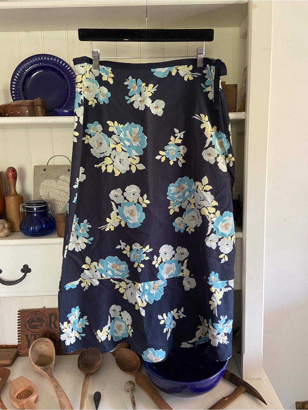Eddie Bauer Navy Floral Wrap Skirt with Blue and Cream Blooms